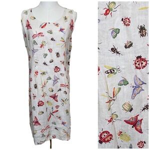 TOM TOM CA Linen Sleeveless Insect Butterfly Print Shift Dress S Buttons Artsy